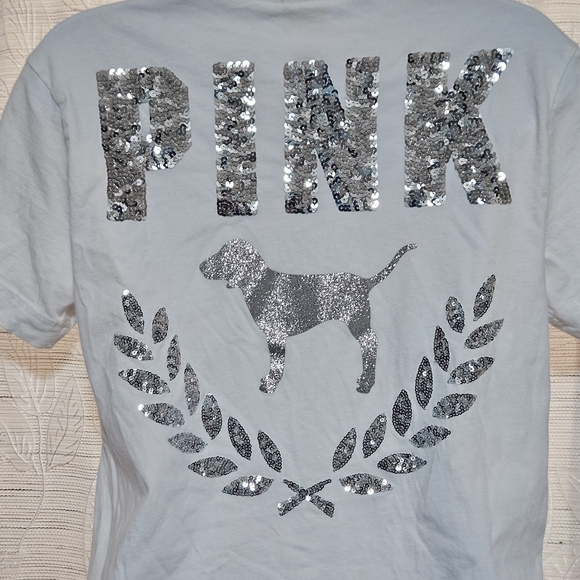 PINK Victoria's Secret White Short Sleeve Tee With Silver Sequins - Picture 3 of 7